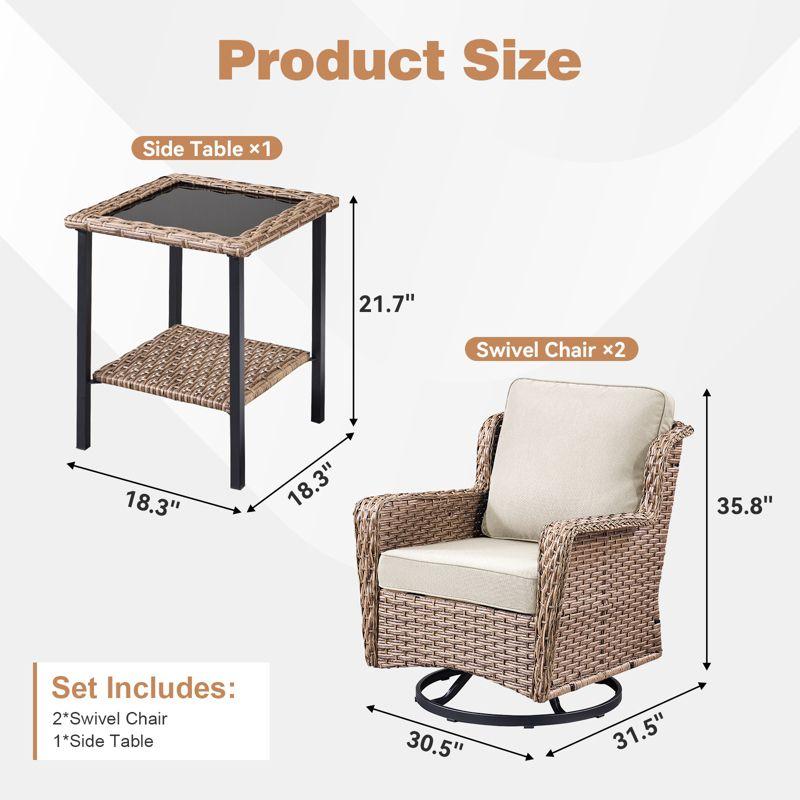 Buenhomino 3-Piece Wicker Outdoor Bistro Set with Swivel Glider Chairs, 2-Person Patio Furniture Set with Beige Cushions