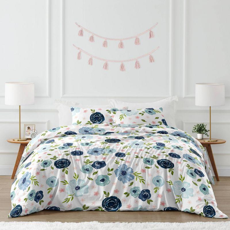 Full Blue Microfiber Floral Comforter Set for Girls