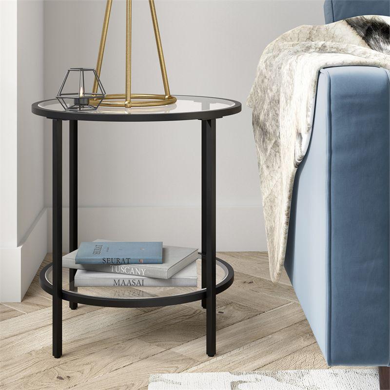 Black Bronze Round Side Table with Glass Shelf - Henn&Hart