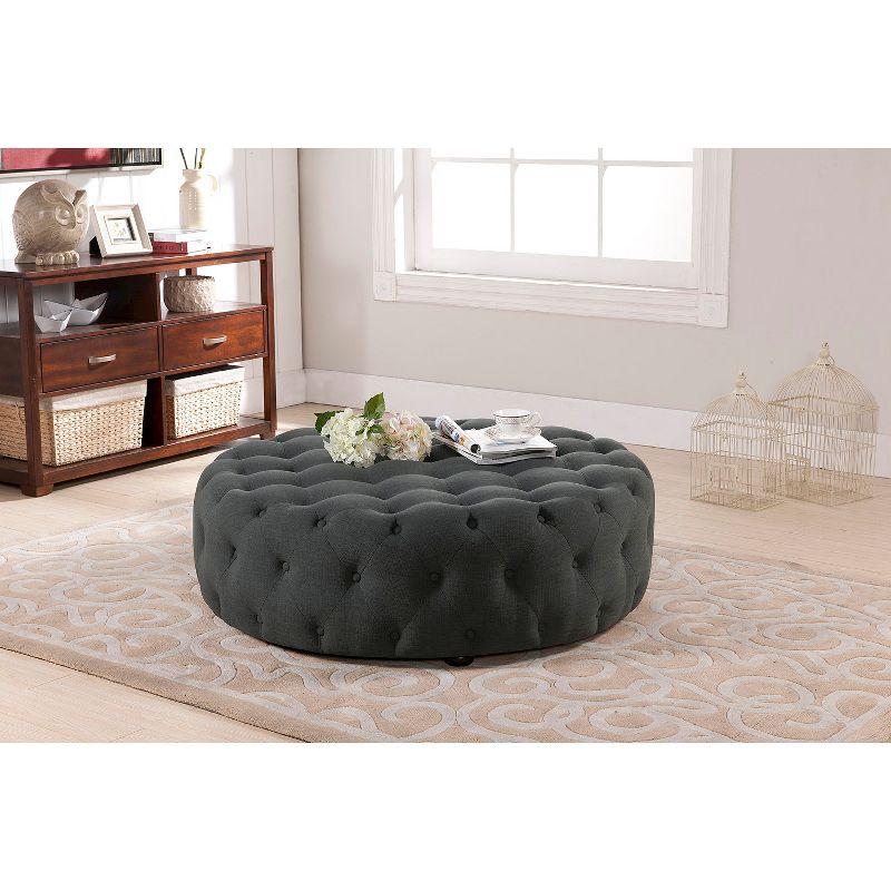 Elysian Dark Gray Linen Round Tufted Ottoman with Eucalyptus Wood