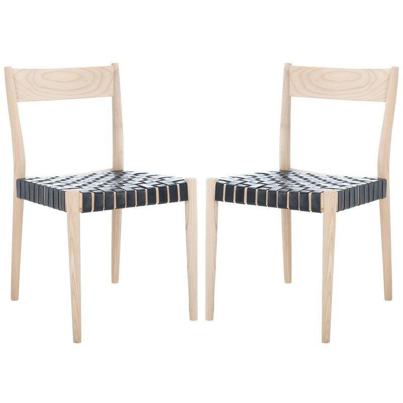 Modern Black Leather and Natural Wood Side Chair Set