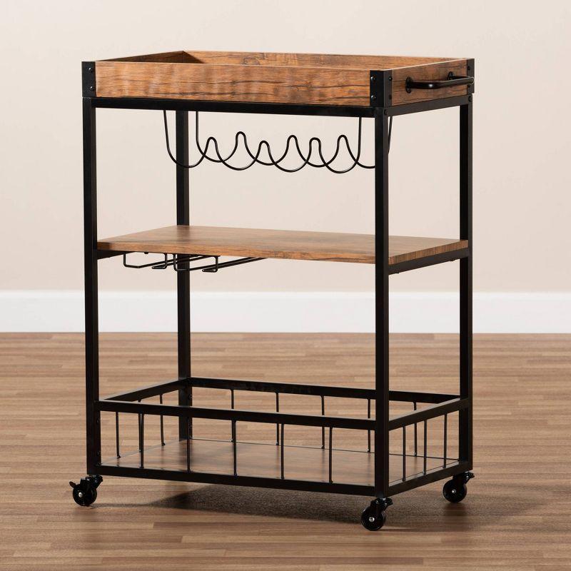 Cerne Oak and Finished Mobile Metal Bar Cart with Wine Bottle Rack Brown - Baxton Studio