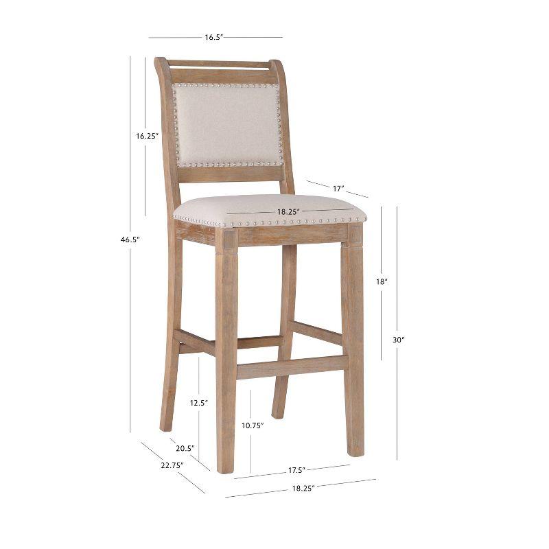 Emmy Padded Back Nailhead Barstool Natural - Linon: 30" Height, Rustic Wash, Upholstered, Footrest