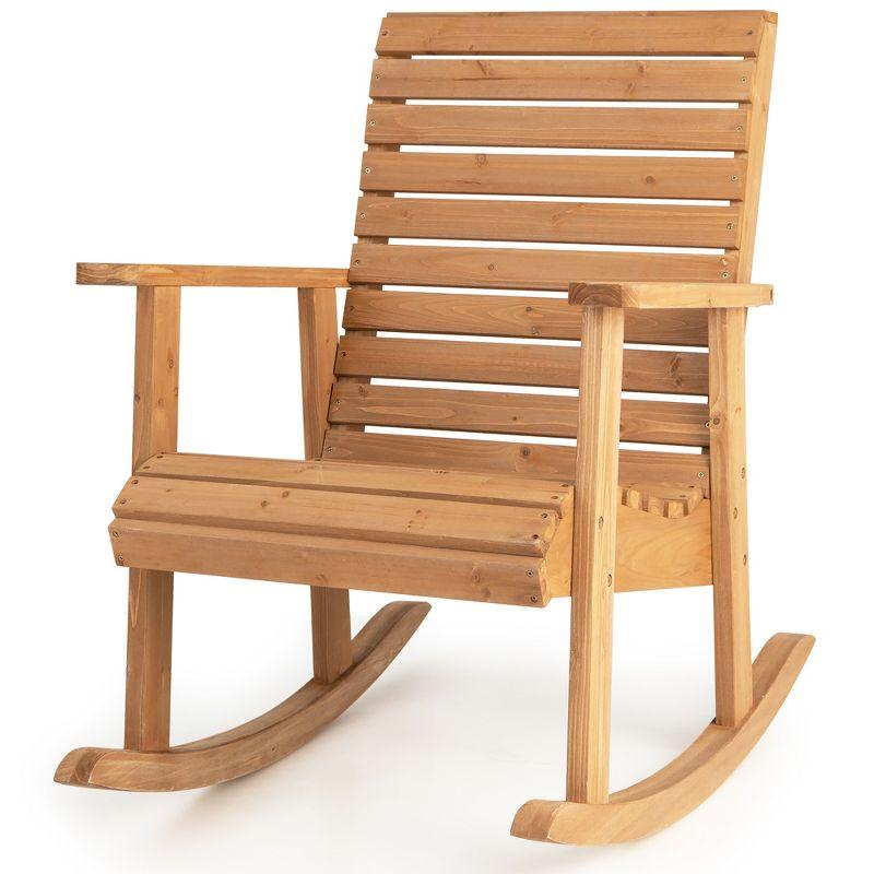 Natural Fir Wood High Back Outdoor Rocking Chair with Armrests