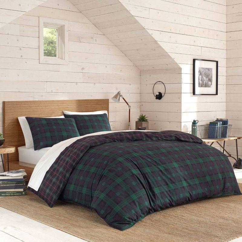 Full/Queen Woodland Tartan Reversible Duvet Cover Set Green - Eddie Bauer: Cotton, OEKO-TEX Certified, 3-Piece