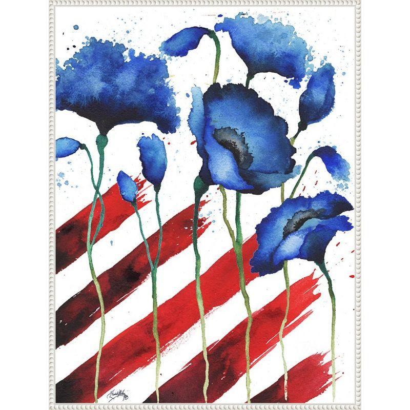 Patriotic Floral II Blue and Red Canvas Wall Art with White Frame