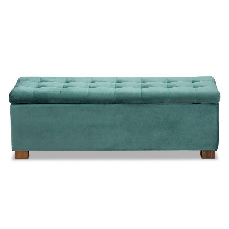 Teal Velvet Tufted Storage Ottoman Bench with Walnut Legs