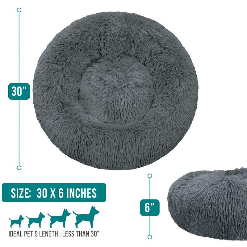 PetAmi Calming Dog Bed for Puppy Cat Kitten, Round Washable Pet Bed, Anti Anxiety Cuddler, Fluffy Plush Circular Donut Bed (Gray, Medium - 30")