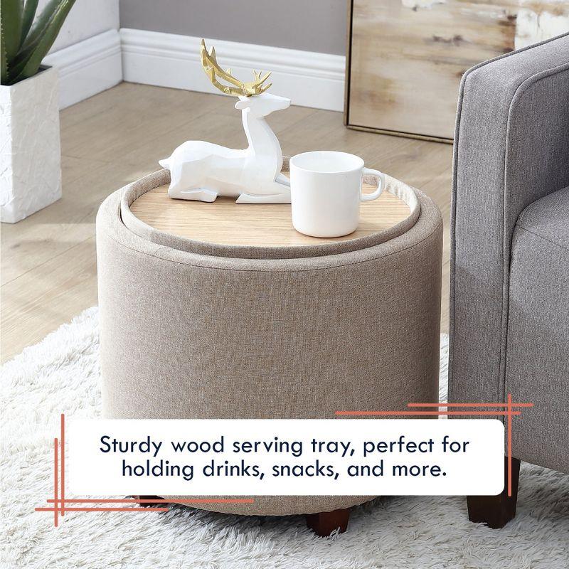 Ornavo Home Lawrence Round Storage Ottoman with Table Top Lid - Linen Beige