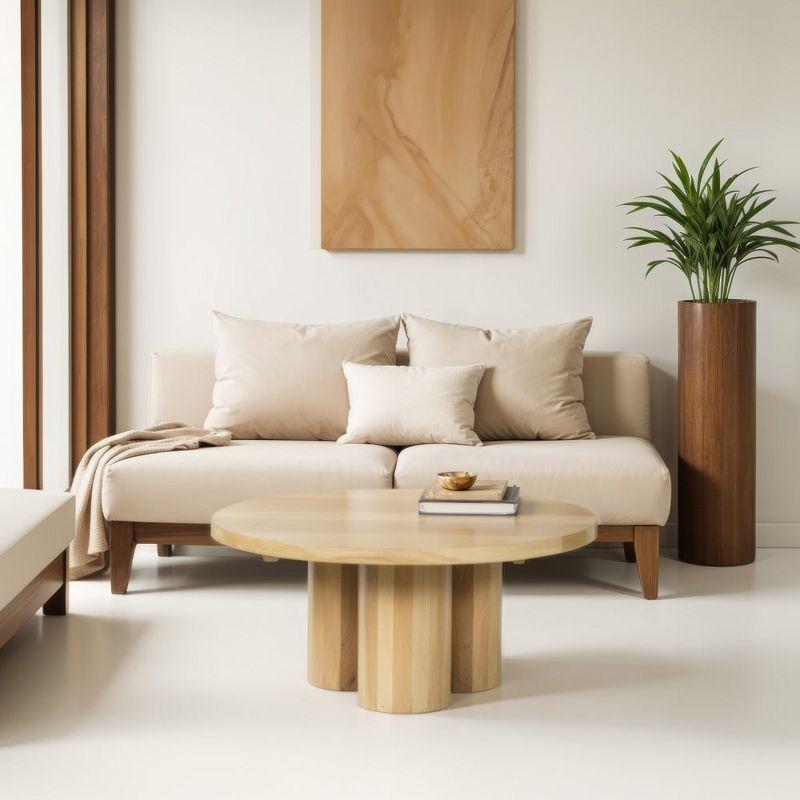 The Urban Port Hazel Coffee Table with 3 Pillar Legs, 35.5 Inch Round Top, Natural Brown Mango Wood