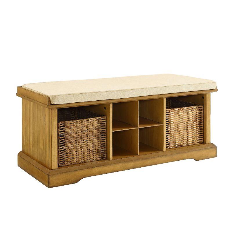 Brennan Natural Wood Entryway Bench with Upholstered Cushion and Storage Baskets