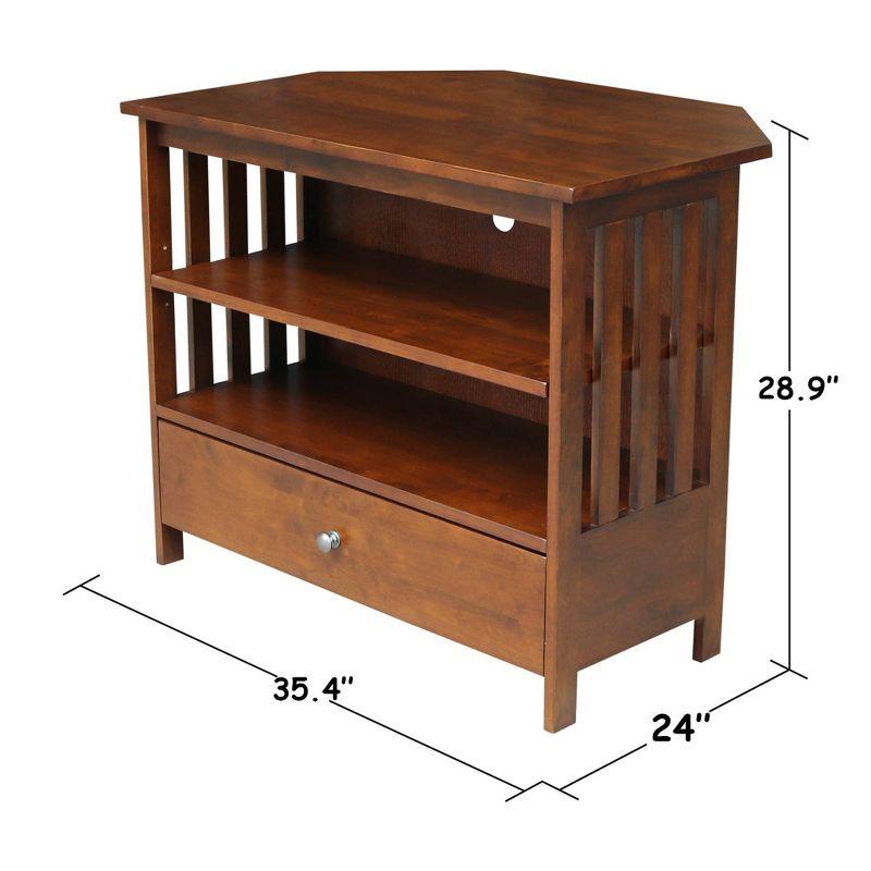 International Concepts Mission Corner TV Stand for TVs up to 38" Brown: Hardwood Frame, Metal Hardware, Storage Drawer