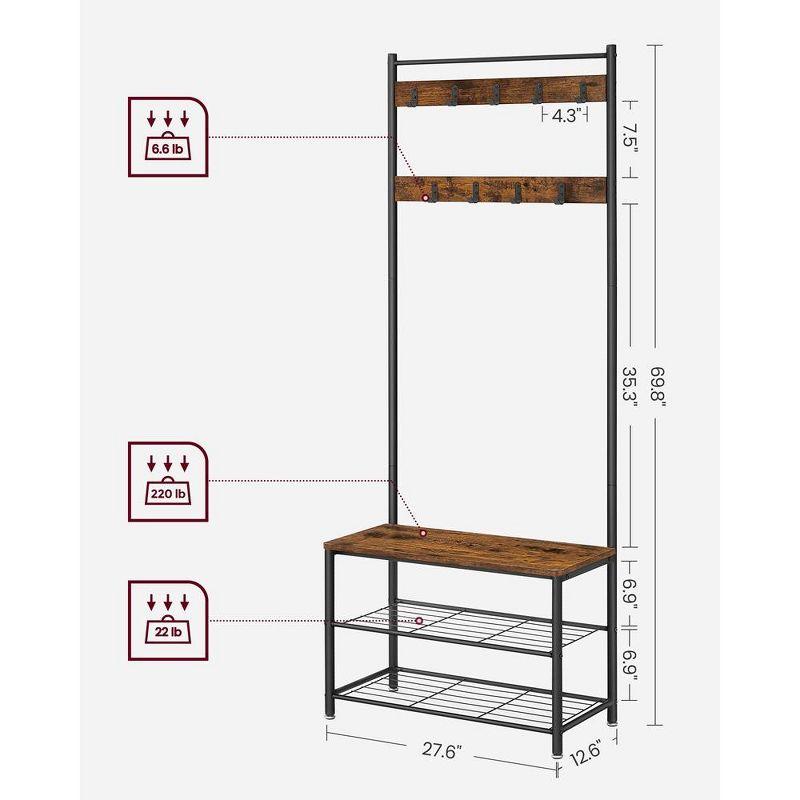 VASAGLE Hall Tree Entryway Coat Rack with Shoe Bench Rustic Walnut and Black