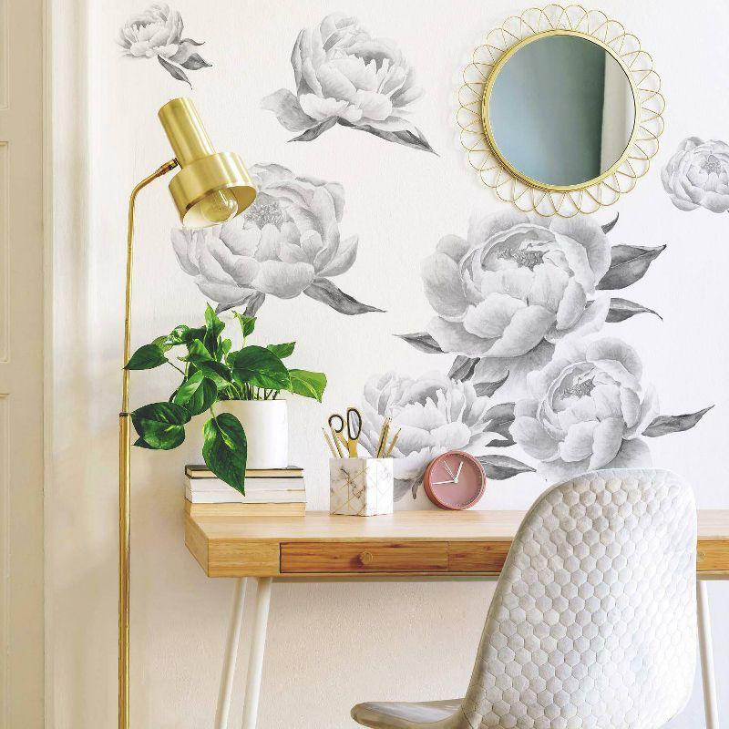 Peonies Peel and Stick Giant Wall Decal Black - RoomMates: Vinyl Botanical Sticker, Modern Decor, 15pc