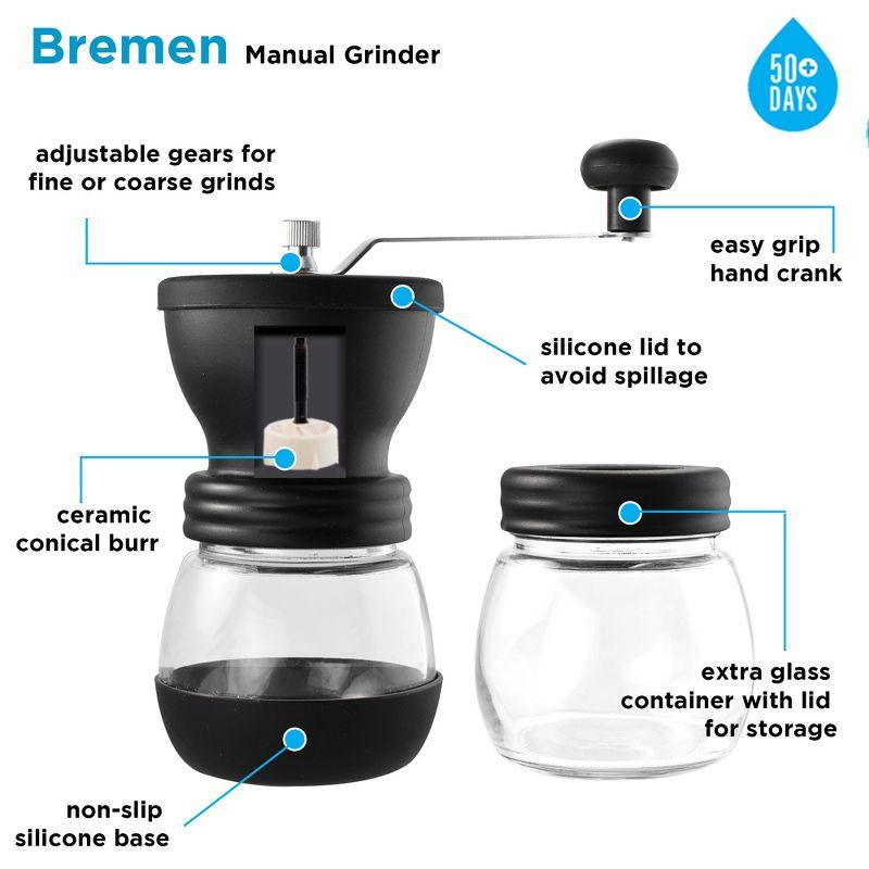 GROSCHE BREMEN Manual Ceramic Conical Burr Coffee Grinder, Spice & Coffee Grinder with Glass Storage Jar