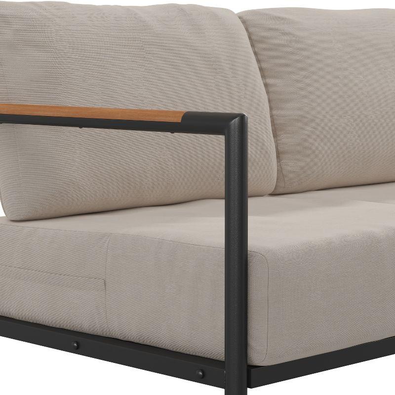 Emma and Oliver Black Aluminum Frame Loveseat with Teak Arm Accents and Beige Cushions