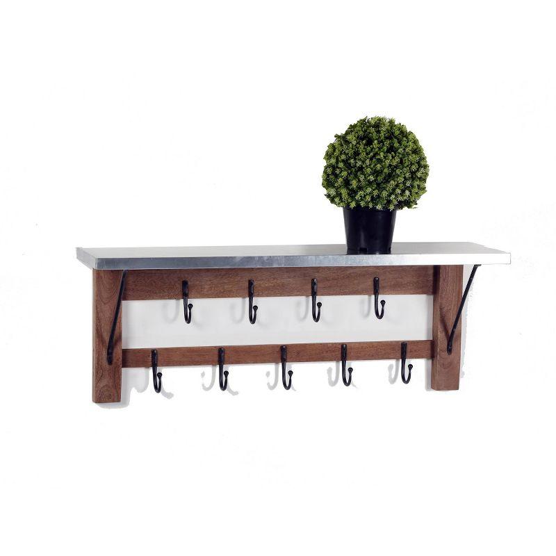 Millwork Double Row Hook Shelf Wood and Zinc Metal Silver/Light Amber - Alaterre Furniture: Mango Wood, 9-Hook Storage Rack