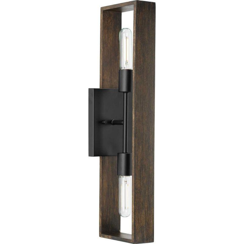 Progress Lighting Boundary 2-Light Wall Sconce, Matte Black, Open Frame, Wood, Design Series