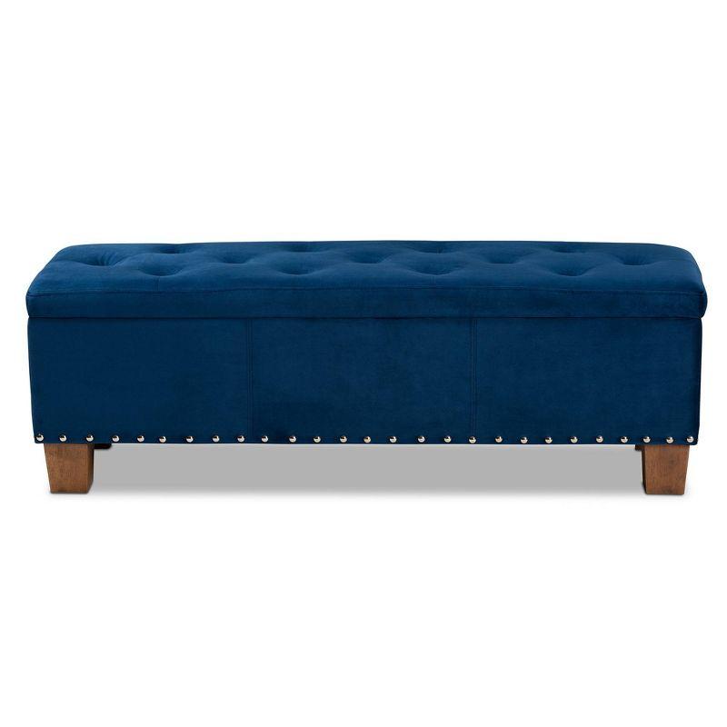 Elegant Navy Blue Velvet Tufted Storage Ottoman Bench with Silver Accents