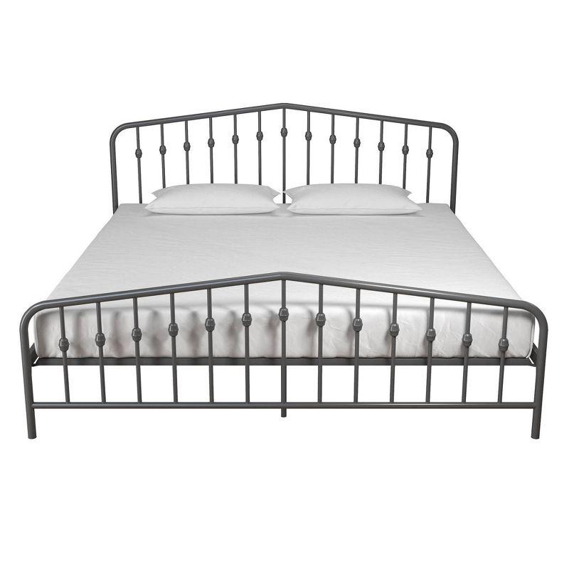 King-Size Gunmetal Gray Metal Bed with Upholstered Headboard and Storage Drawer