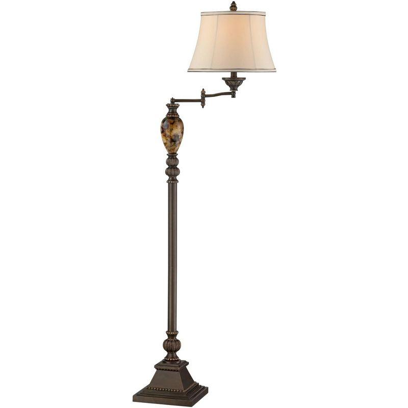 Kathy Ireland Vintage Swing Arm Floor Lamp 61" Tall Bronze Marble Font Faux Silk Shade for Living Room Reading House Bedroom Home