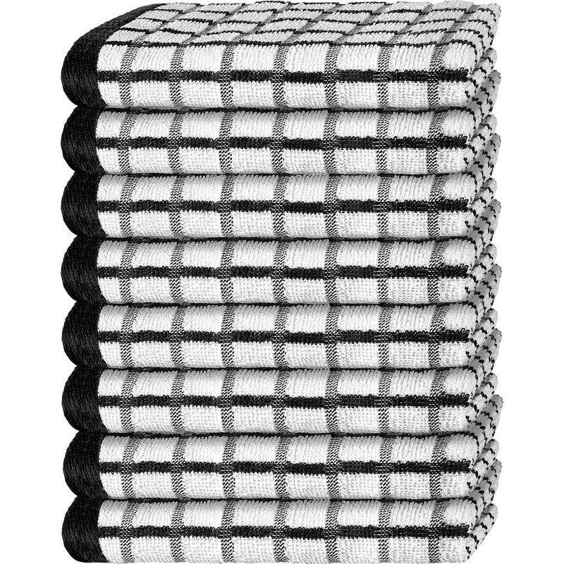 White Classic 100% Cotton Checkered Design Kitchen Towel Set of 8 - 16x26" Black