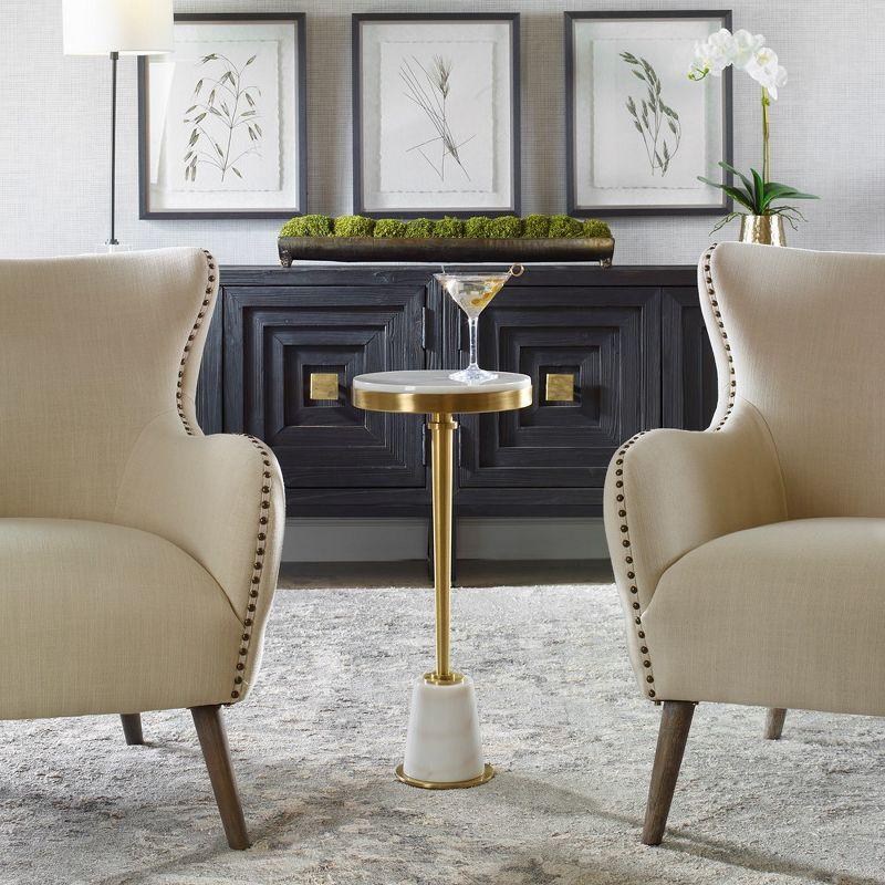 Petite Round White Marble and Gold Drink Table