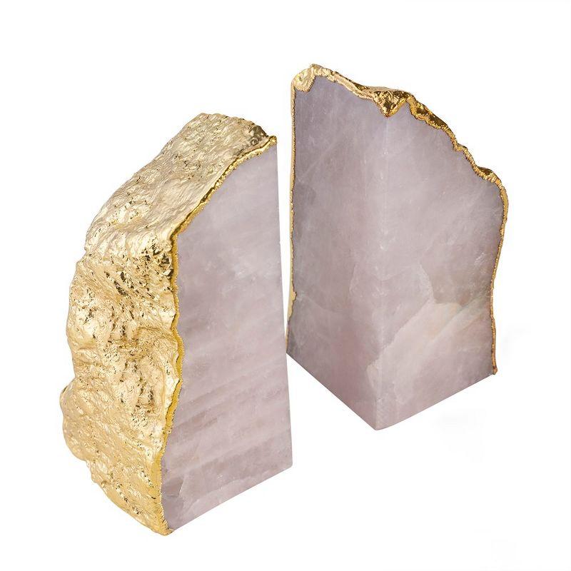 Elegant Rose Quartz and Gold Gilded Bookends, Set of 2