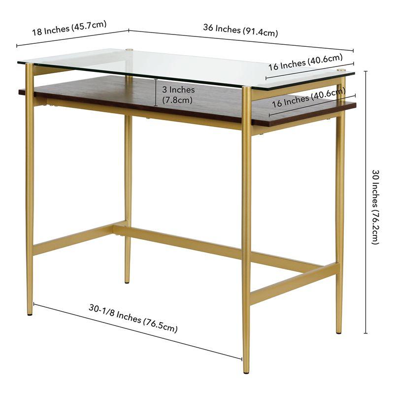 Eaton Mid-Century Brass Desk with Tempered Glass Top and Walnut Shelf