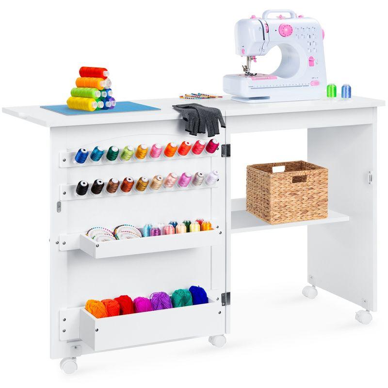 Compact White Sewing & Craft Table with Storage and Wheels