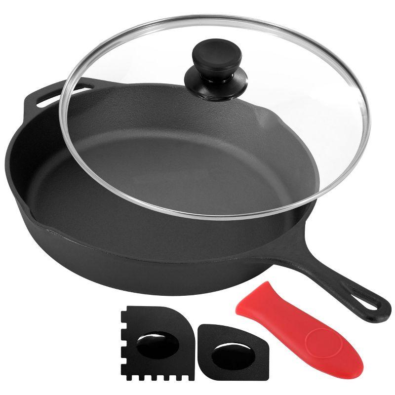 12 Inch Black Cast Iron Skillet with Glass Lid and Accessories