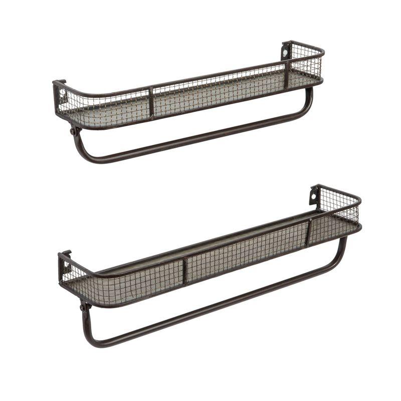 Gray Iron Floating Wall Shelves with Hanging Bar, Set of 2