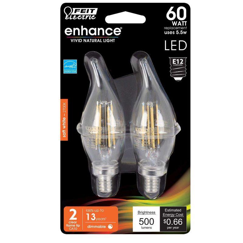 Feit Flame Tip E12 (Candelabra) LED Bulb Soft White 60 Watt Equivalence 2 pk