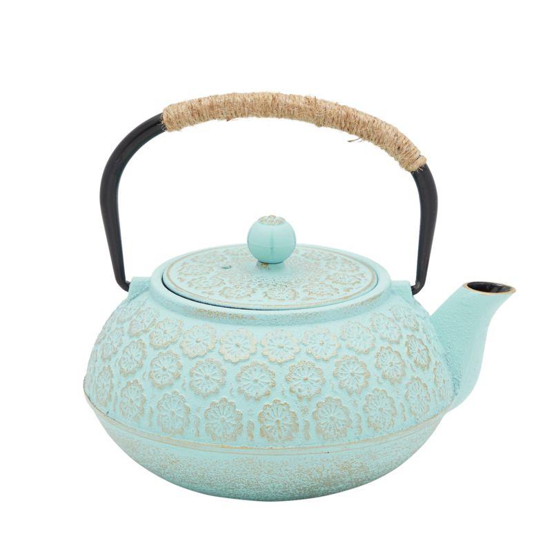 Juvale Cast Iron Tea Kettle, Japanese Floral Teapot with Loose Leaf Infuser and Trivet for Stove Top, 27 Oz, Light Blue