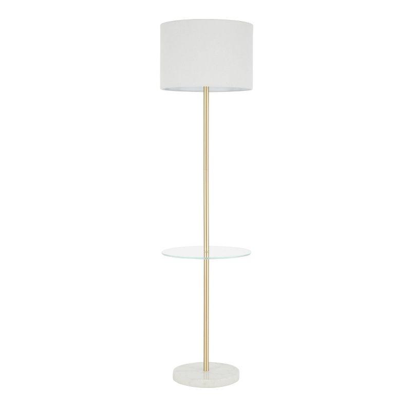 LumiSource Chloe Contemporary Shelf Floor Lamp with Marble Base Shelf and Linen Shade White (Includes LED Light Bulb) : Gold Neck, Round Glass Table