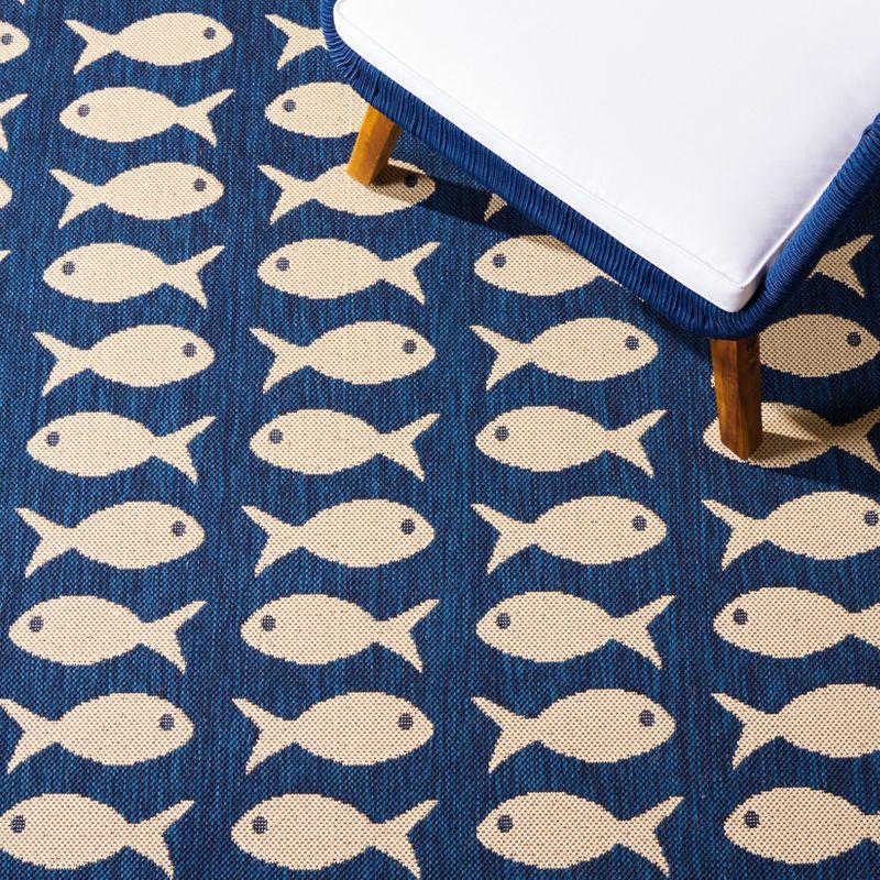 Navy and Beige Fish Pattern Indoor/Outdoor Runner Rug