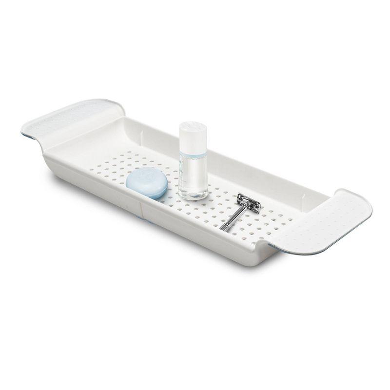 Expandable White and Blue Plastic Bathtub Tray