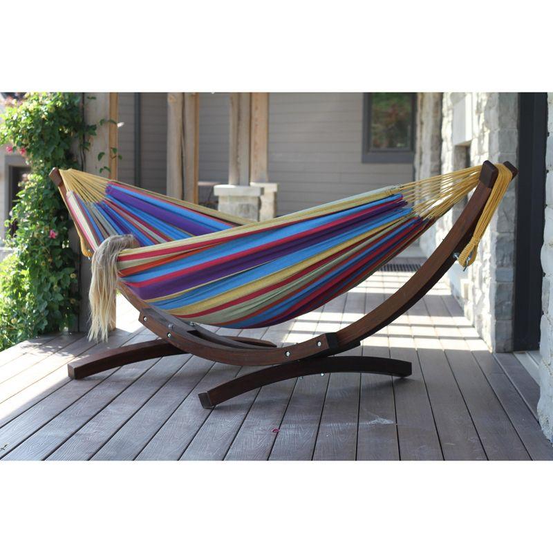 Vivere 8ft Double Cotton Hammock with Solid Pine Arc Stand - Tropical Color