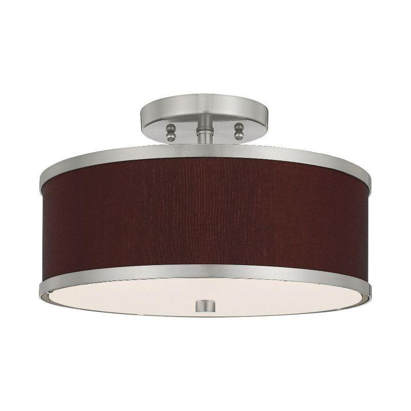 Brushed Nickel 2-Light Semi-Flush Mount with Red Wine Fabric Shade