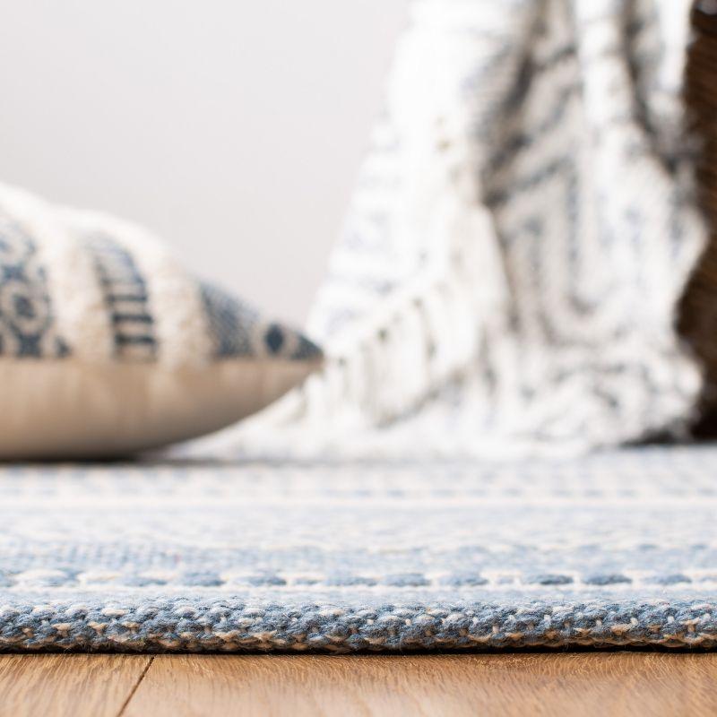 Ivory and Blue Striped Square Wool Cotton Area Rug