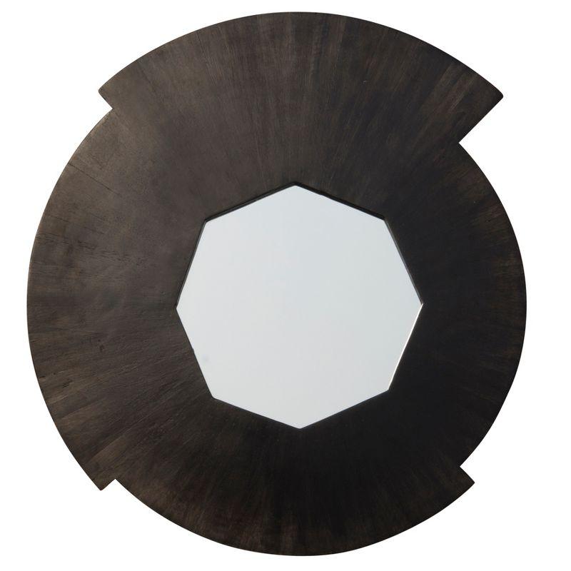 Black Mango Wood Round Mirror with Geometric Design, 23"