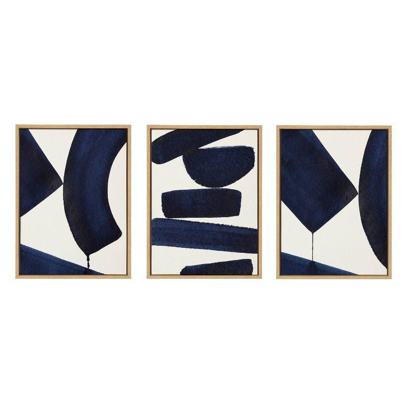 Sylvie Japandi Navy Blue Abstract Canvas Art Set with Natural Frames