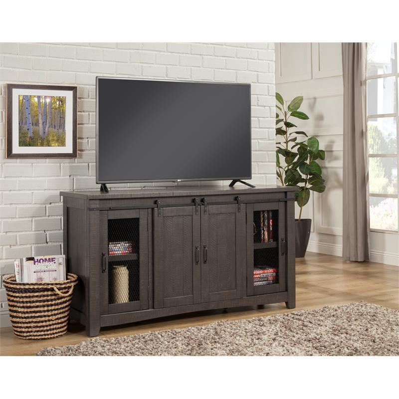 Rustic Sierra 65" Solid Pine TV Stand with Mesh Doors - Gray Finish