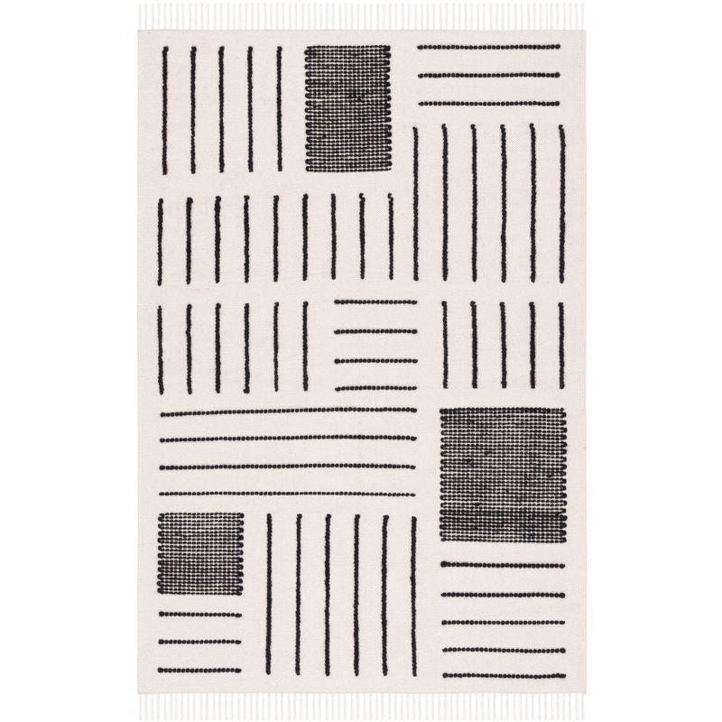 Black and Ivory 4' x 6' Hand Woven Wool Cotton Area Rug