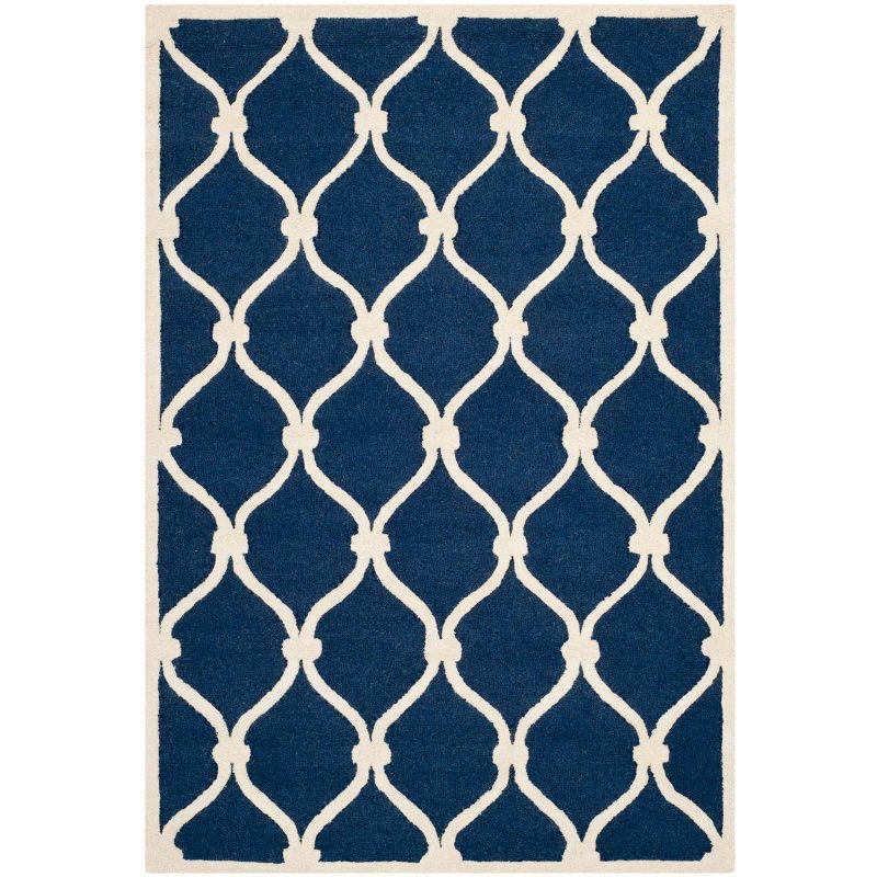 Hand-Tufted Geometric Navy/Ivory Wool Round Rug