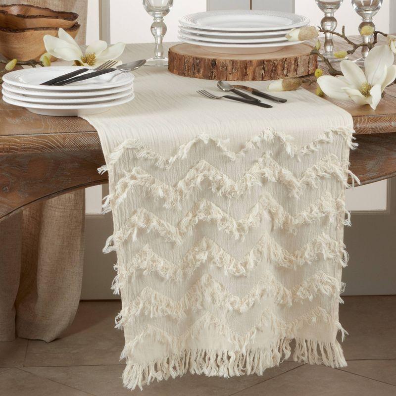 72" x 16" Cotton Chevron Fringed Table Runner White - Saro Lifestyle