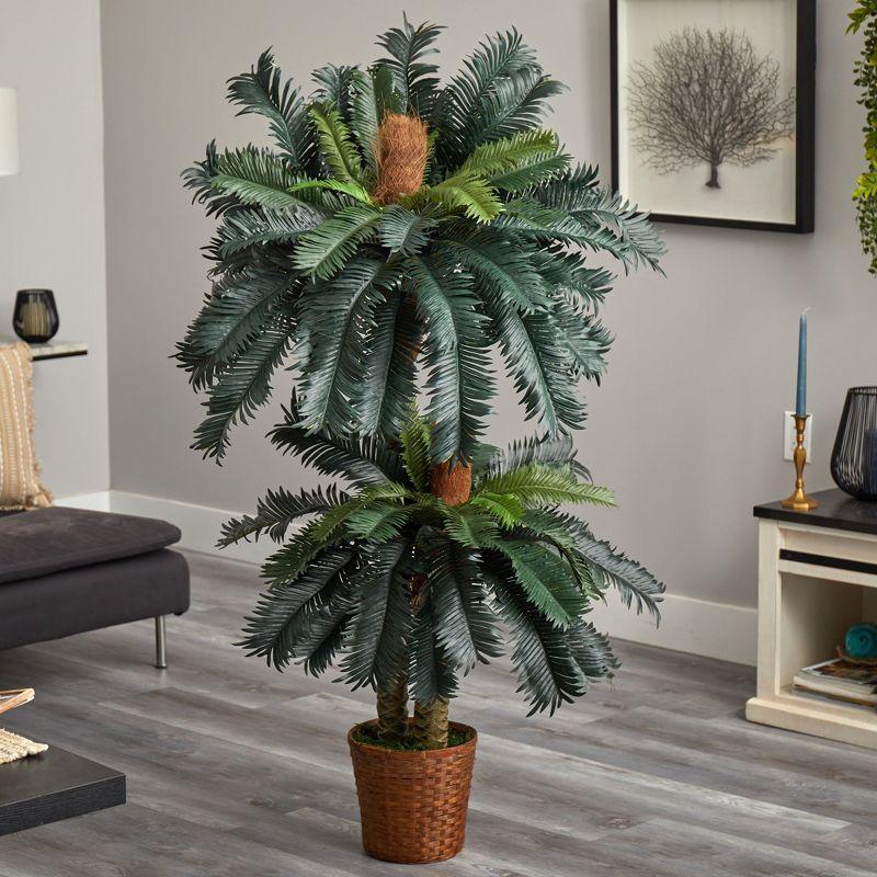 Nearly Natural 5-ft and 3-ft Double Sago Palm Artificial Tree with Basket