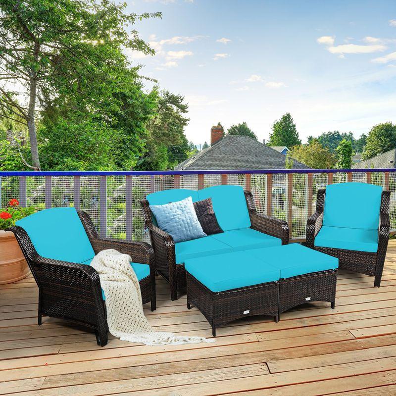 Tangkula 5 PCS Patio Rattan Sectional Sofa Set Outdoor Furniture Conversation Set Cushioned Loveseat Sofa Ottoman