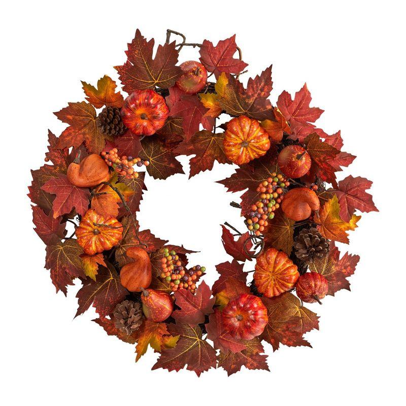 24" Autumn Maple Leaves and Pinecone Artificial Fall Wreath