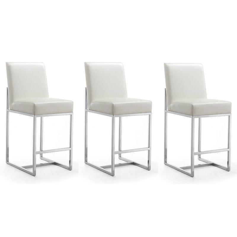 Manhattan Comfort Set of 3 Element Upholstered Stainless Steel Counter Height Barstools Pearl White: Faux Leather, No Assembly Required